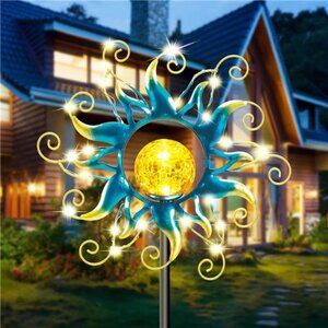 Solar Garden Metal Sun Lights Decor, Golden Blue Stake Vine String Shining LED